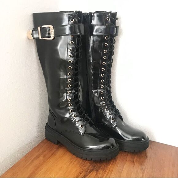 GIANNI BINI Skyscraper Lace Up Lug Sole Platform Tall Boot Patent Leather Size 7 - Picture 2 of 12